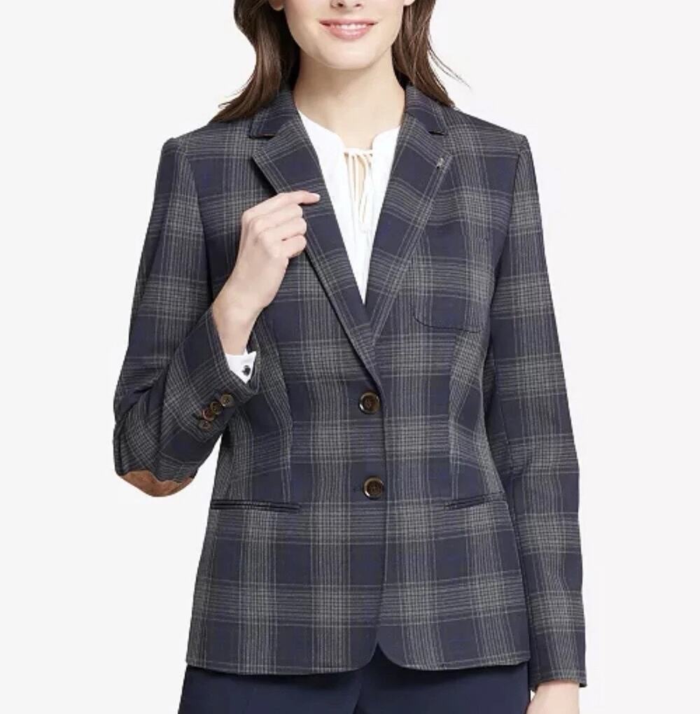 Tommy Hilfiger Navy Plaid Tailored Blazer Elbow Patch Heritage Academia Sz 16